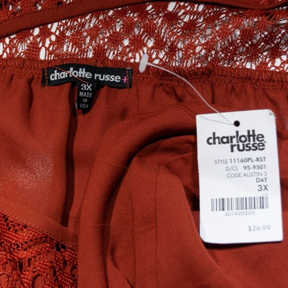 NEW Charlotte Russe Crochet Trim Top Women 3X Rust Orange Boho Blouse Plus 0211X - Picture 4 of 5